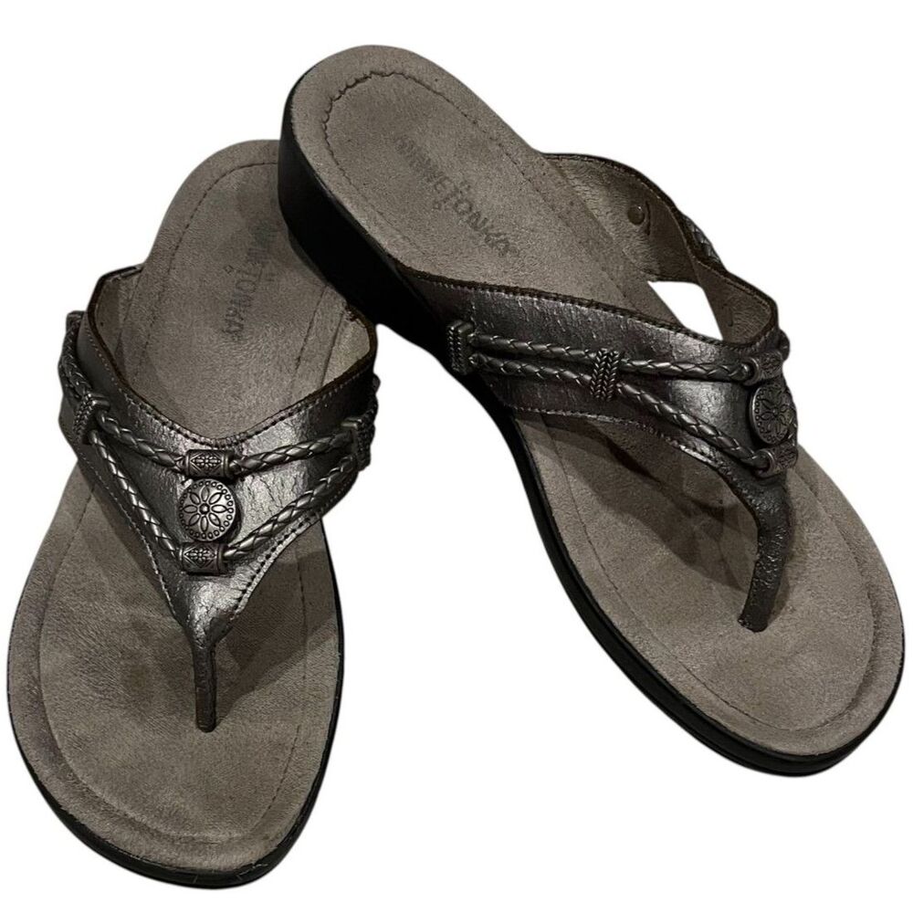 MINNETONKA 700001 Pewter Silverthorne Leather Thong Sandal Sz 9